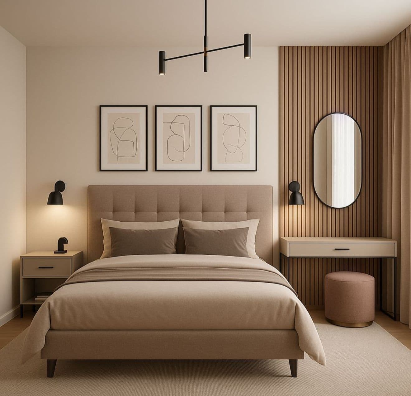 Master bedroom with custom wood headboard and vanity