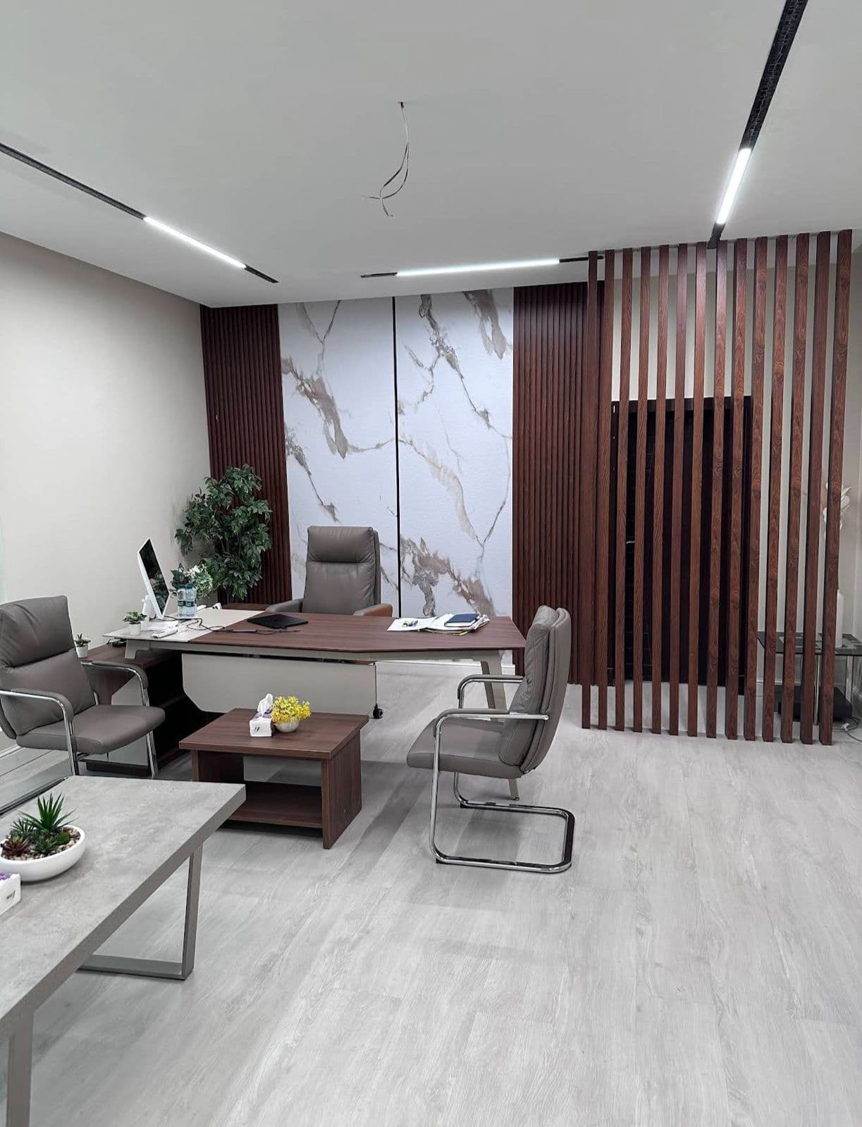 Executive office interior with wood panelling