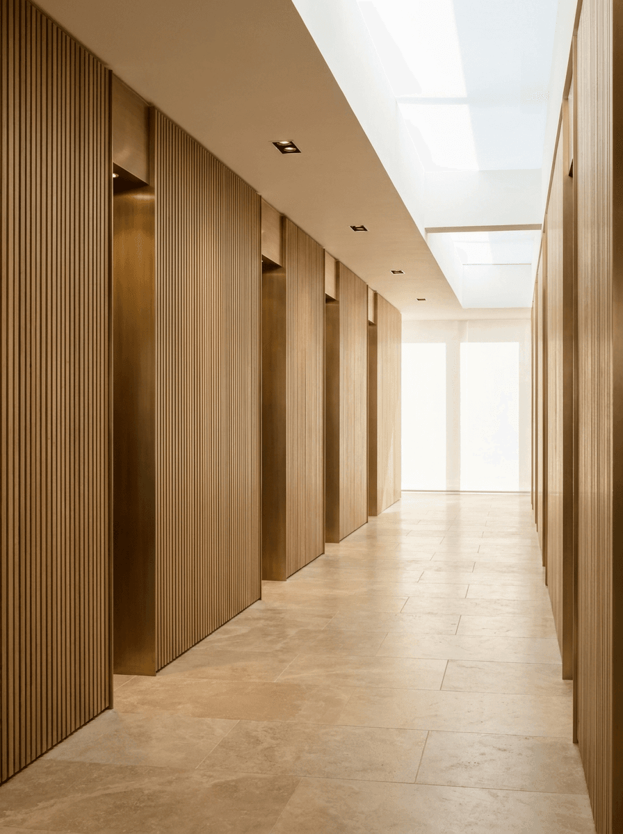 Slatted oak corridor with brass reveals and travertine flooring
